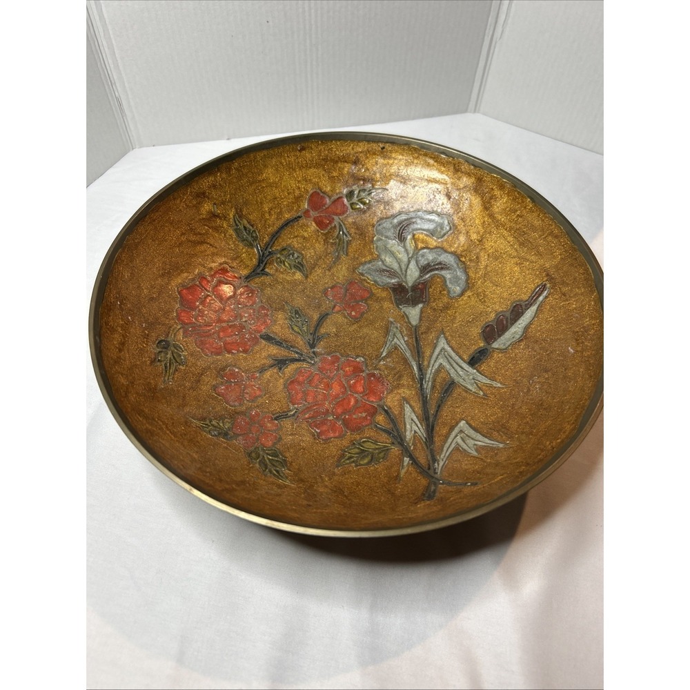 Vintage Brass World‎ Decorative Bowl Centerpiece Pink Rose Floral 9"